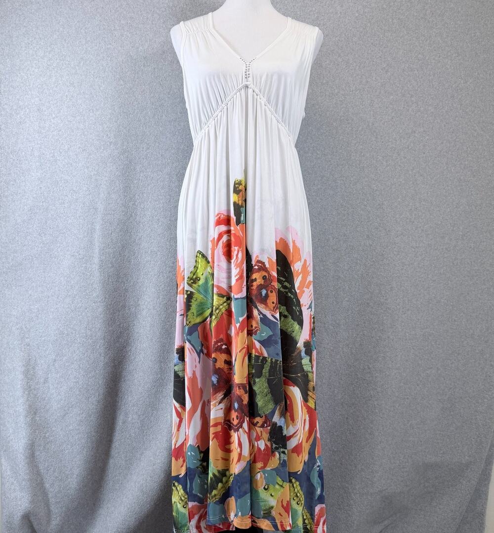One World Womens M White Floral Butterfly Maxi Dress Rhinestone Boho Empire